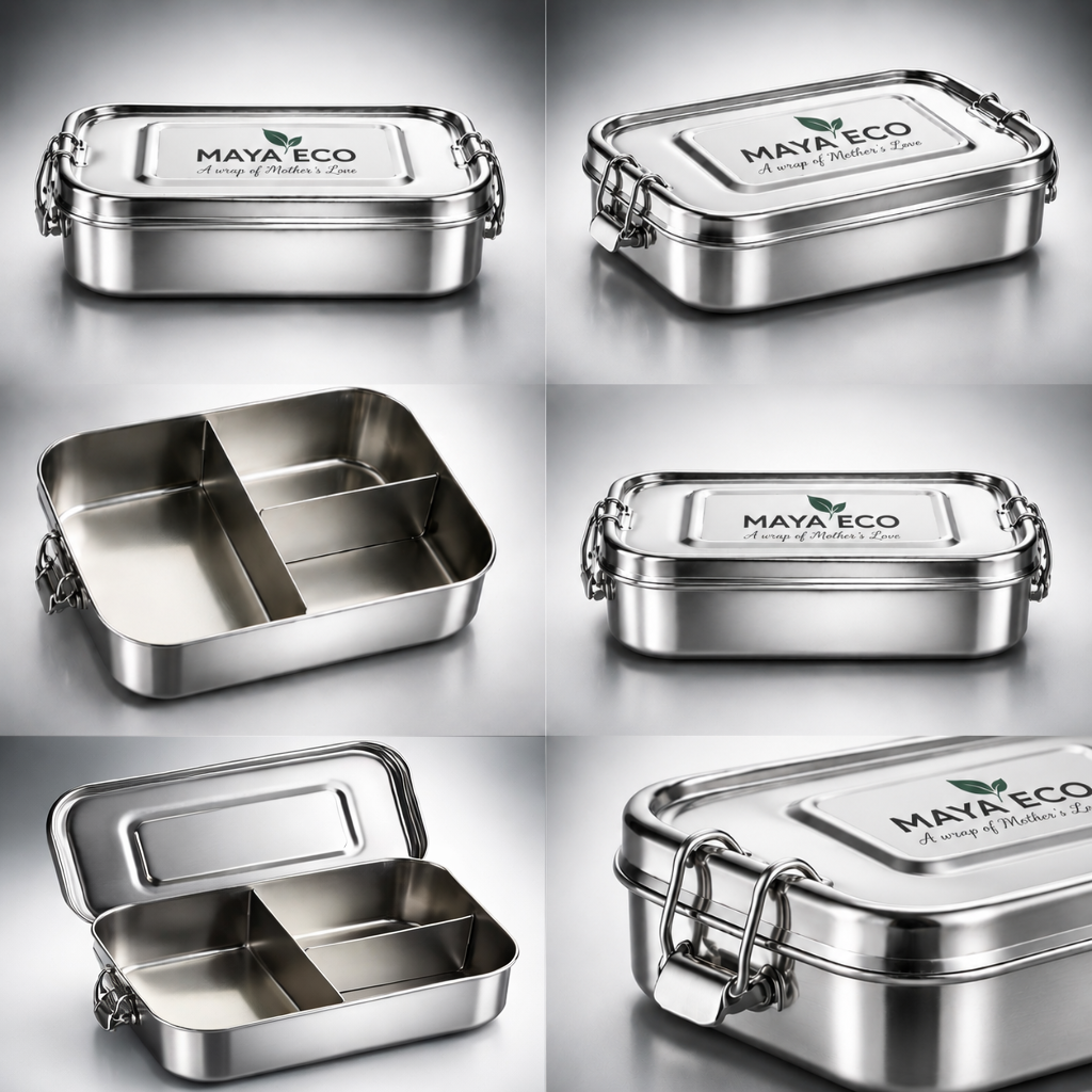 MAYA ECO Stainless Steel Lunch Box (3 Compartments) | Leak-Proof | BPA-Free | Plastic-Free | Food Grade Tiffin Box for Office, School & Travel | Made in India (800ml / 1200ml)