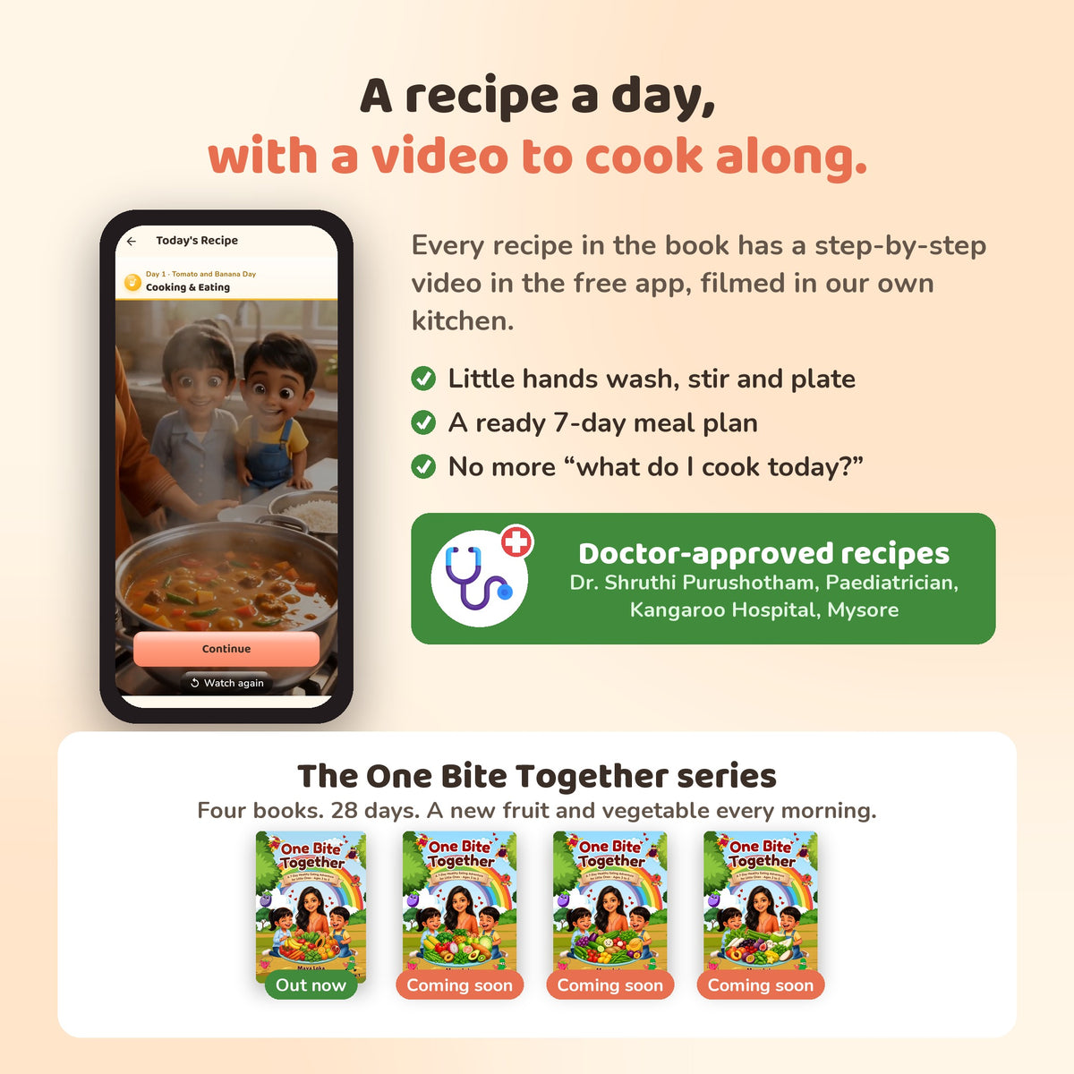 A recipe a day with a cook-along video, doctor-approved recipes, and the four-book One Bite Together series