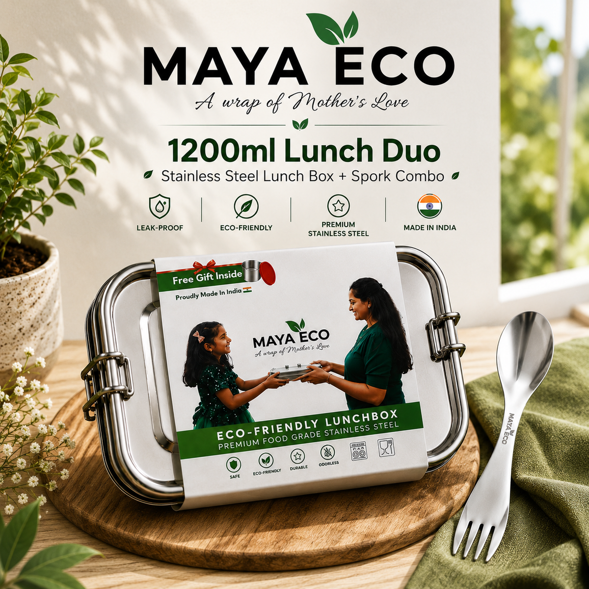MAYA ECO 1200ml Lunch Duo - stainless steel lunch box and spork combo