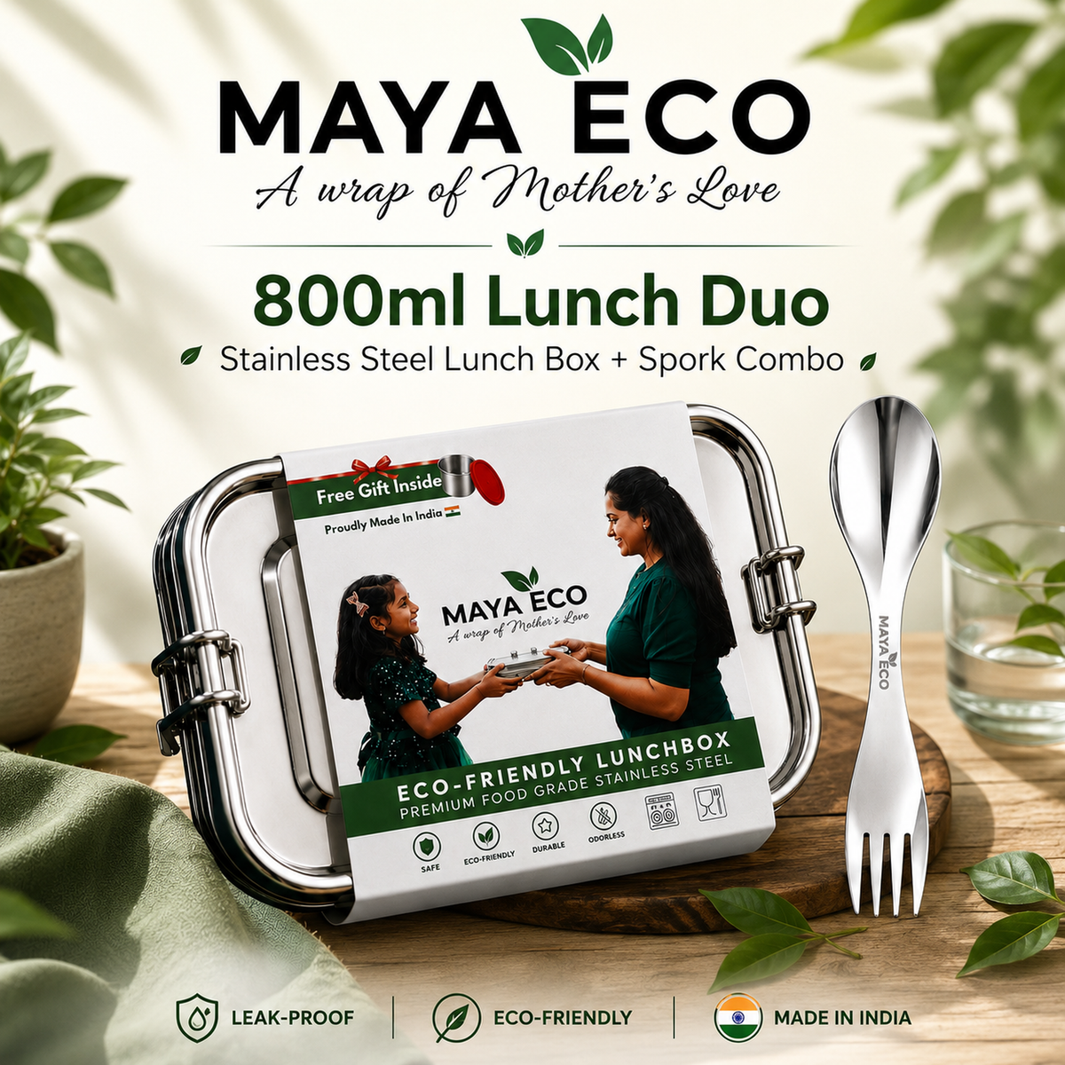 MAYA ECO 800ml Lunch Duo - stainless steel lunch box and spork combo