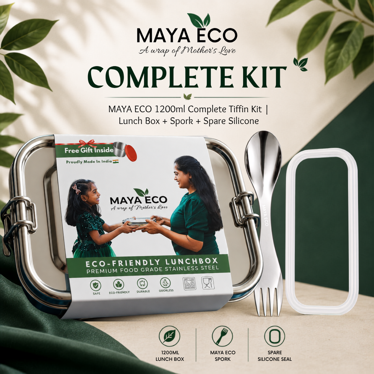 MAYA ECO 1200ml Complete Tiffin Kit - lunch box, spork and spare silicone seal