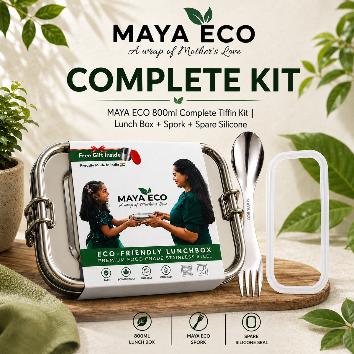 MAYA ECO 800ml Complete Tiffin Kit - lunch box, spork and spare silicone seal