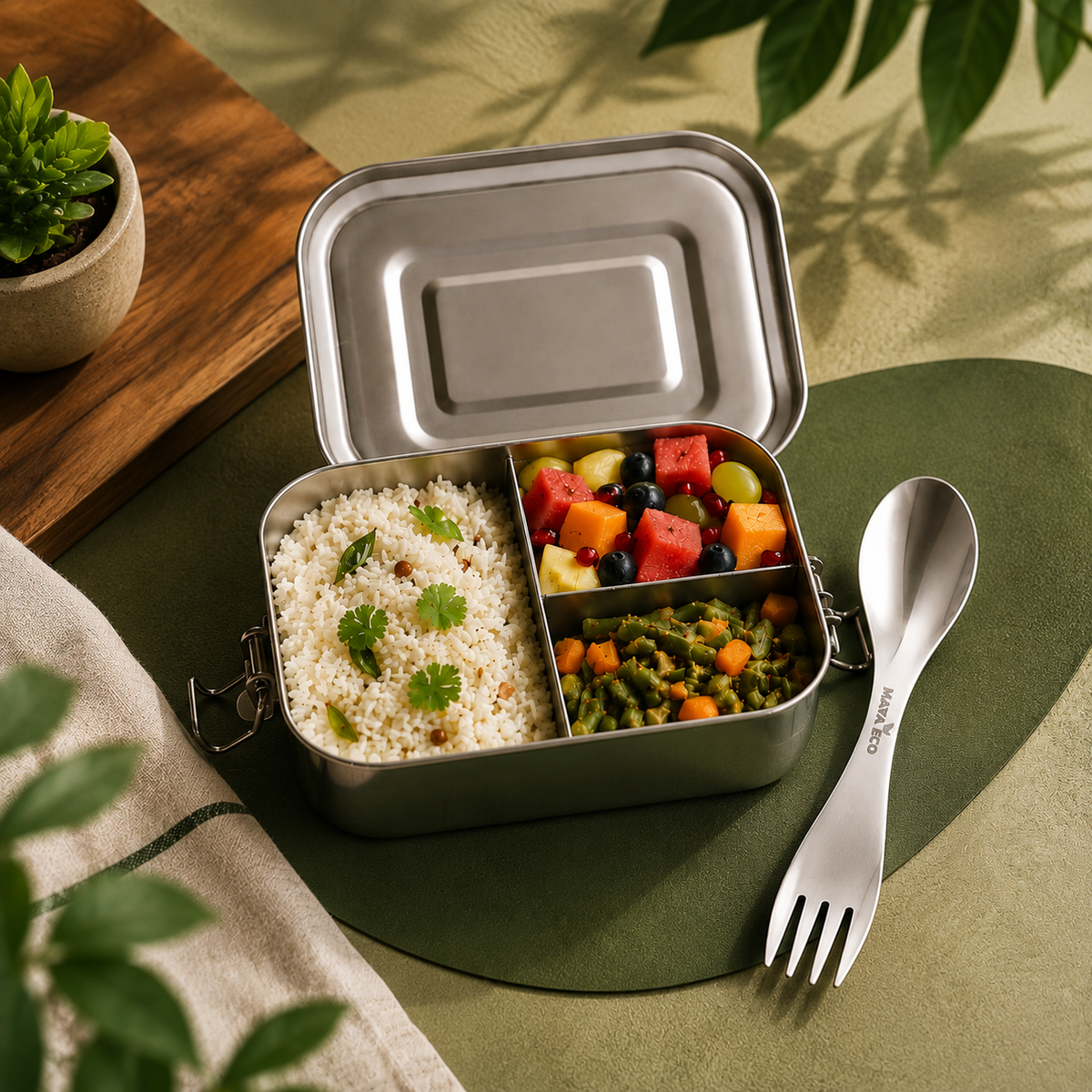 MAYA ECO 1200ml lunch box packed with rice, fruit and vegetables, with spork