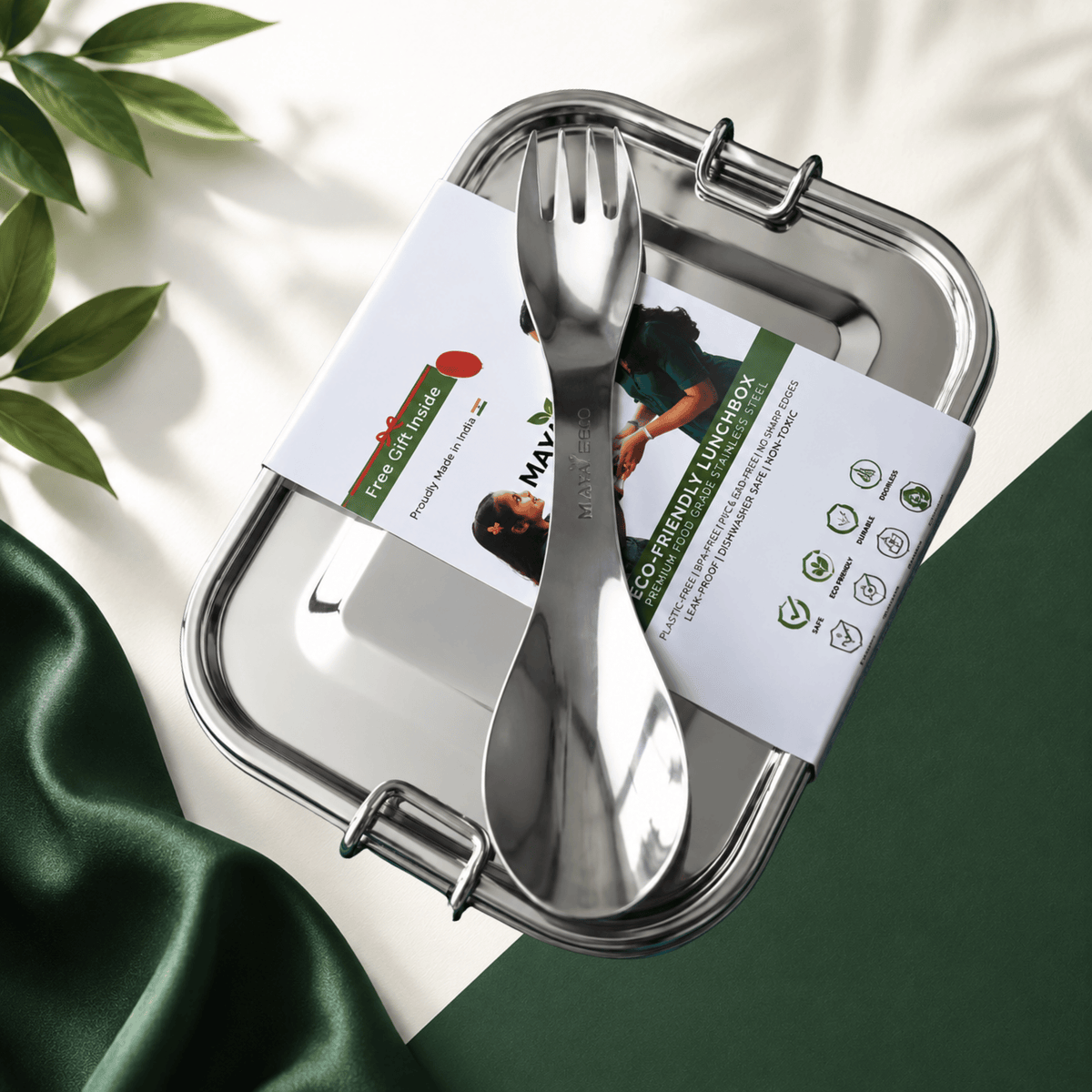 MAYA ECO lunch box open with spork