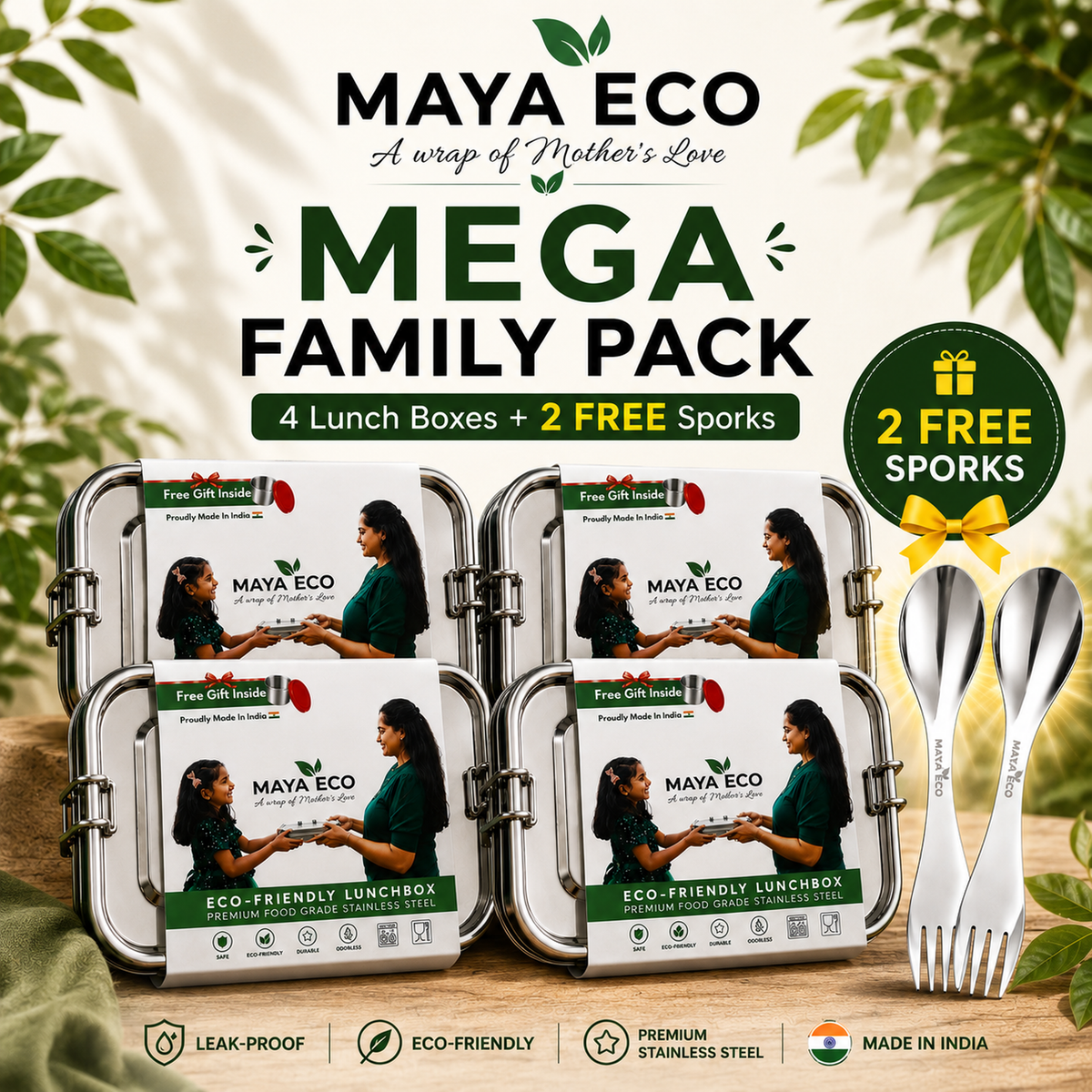 MAYA ECO Mega Family Pack - 4 stainless steel lunch boxes plus 2 free sporks