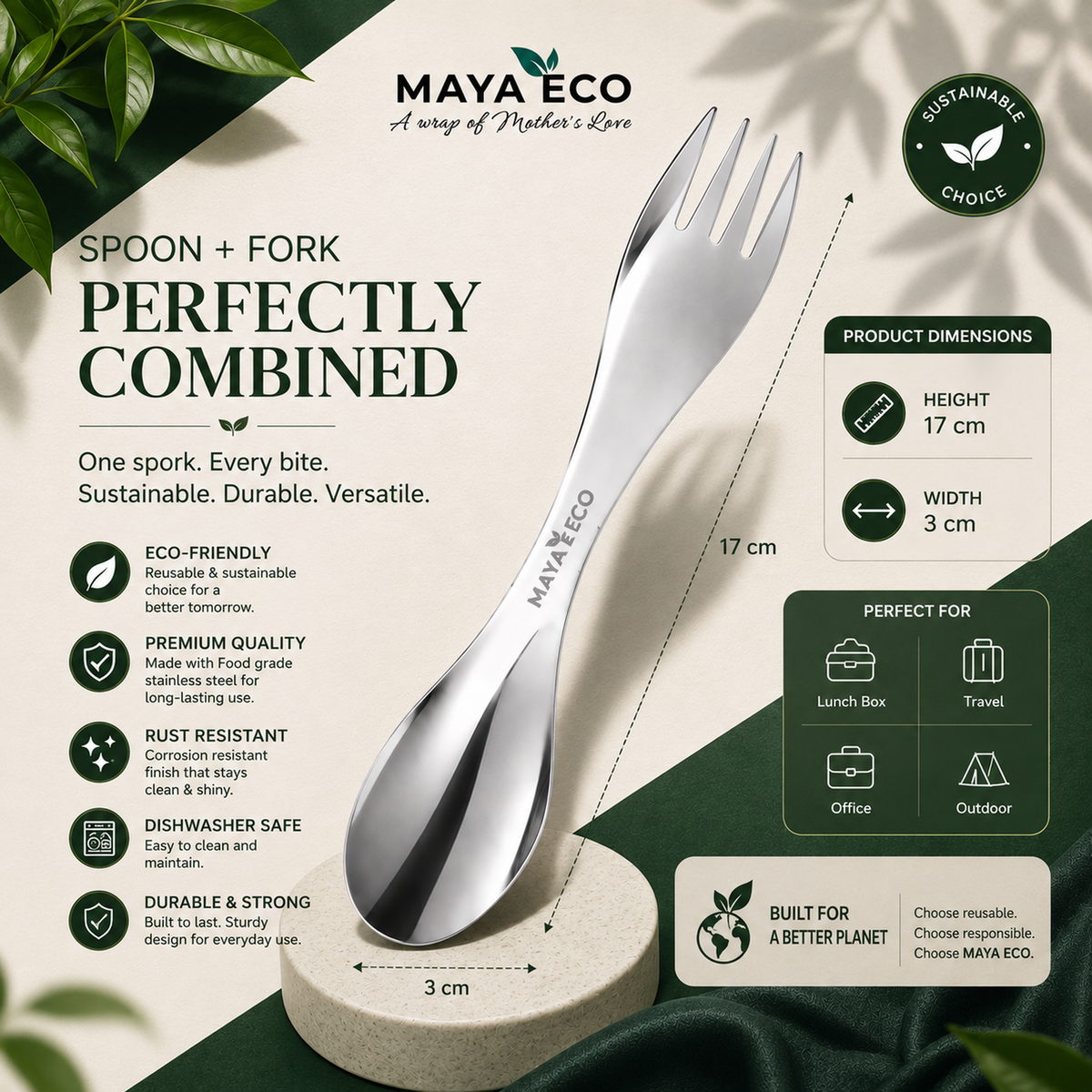 MAYA ECO Spork specifications - 17cm x 3cm, food grade stainless steel, rust resistant, dishwasher safe